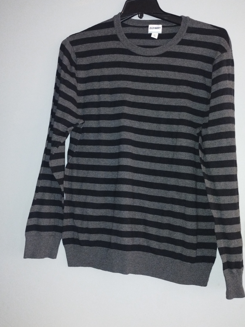 Old Navy Men's Black and Gray Striped Crewneck Sweater